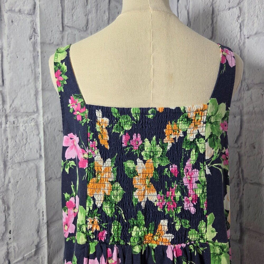 Old Navy Extra Large Navy Blue Floral Linen Blend Smocked Cottagecore Midi Dress - Picture 7 of 10